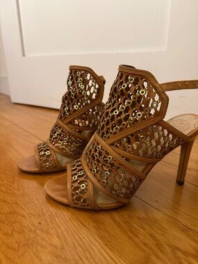 Vince Camuto Brown Laser-Cut High Heel Sandals with Gold Eyelet Detail